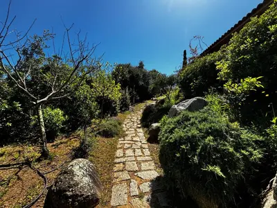 a stone path in a garden with rocks at Apartment Pioppa for 4 in Porto-Vecchio