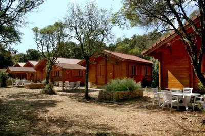 a cabin with a table and chairs in front of it at Camping U STABIACCIU in Porto-Vecchio