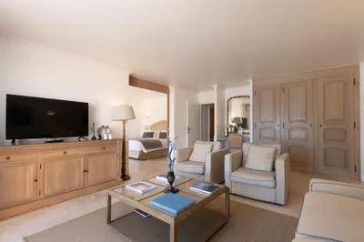 a living room with a couch and a tv at Hôtel Les Mouettes - Teritoria in Ajaccio
