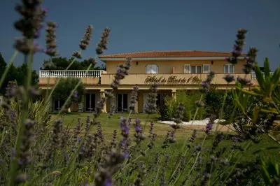 a house with purple flowers in front of it at Hotel du Pont de l'Oso in Cala Rossa