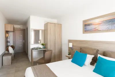 a hotel room with a bed and a desk at Hôtel-Restaurant Marina Di Lava - Grand Ajaccio in Appietto