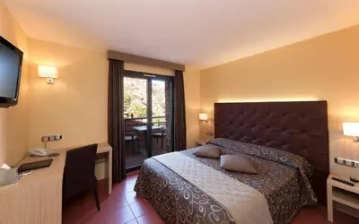 a hotel room with a bed and a desk and a television at Hôtel & Restaurant Le Belvédère in Porto Ota