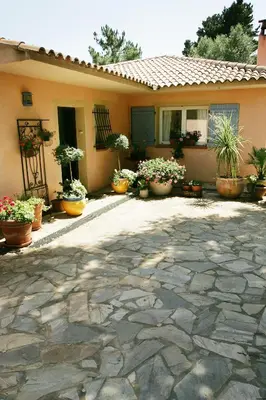 a house with potted plants and a stone driveway at Villa Mimosa in Favone