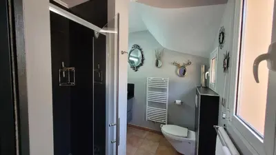 a bathroom with a toilet and a shower at Villa Mimosa in Favone
