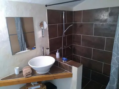 a bathroom with a sink and a shower at Villa Praesidio in Riventosa