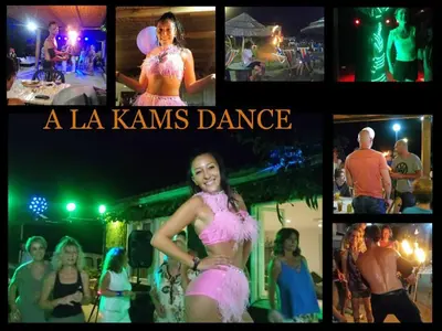 a collage of photos of a woman in a pink dress at Camping Europa Beach in Castellare-di-Casinca