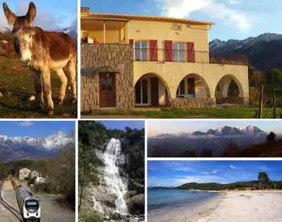 a collage of photos with a donkey and a house at 95m2 au calme à 25mn AJACCIO, plages, linge inclus parking ok in Ucciani