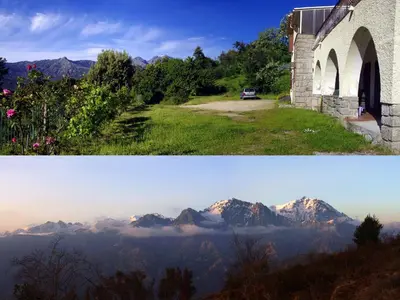 two pictures of mountains with a car parked on a hill at 95m2 au calme à 25mn AJACCIO, plages, linge inclus parking ok in Ucciani