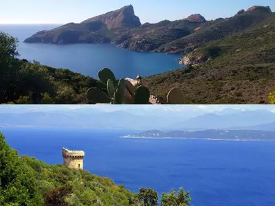 two pictures of a view of a body of water at 95m2 au calme à 25mn AJACCIO, plages, linge inclus parking ok in Ucciani