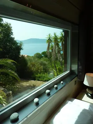 a window with a view of a palm tree at VbyOnyx in Olmeto