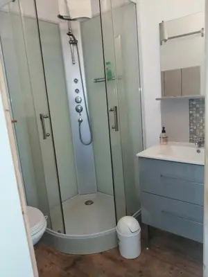 a bathroom with a shower and a toilet and a sink at Berbi Rosse in Oletta