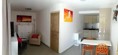 a room with a kitchen and a living room at Maison de Vacances - Casa Mezanaccia avec Terrasse fleurie meublé tourisme 3 étoiles in Santa-Lucia-di-Tallano