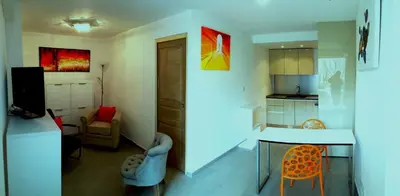 a kitchen and a living room with a table and chairs at Maison de Vacances - Casa Mezanaccia avec Terrasse fleurie meublé tourisme 3 étoiles in Santa-Lucia-di-Tallano