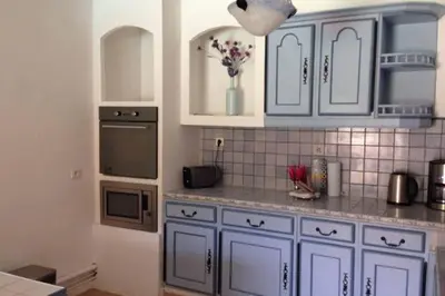 a kitchen with blue cabinets and flowers in at Villa SERENA in Sarrola-Carcopino