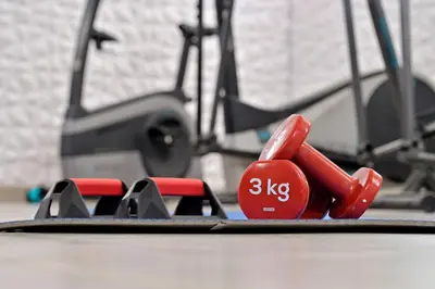 a group of dumbbells sitting on a gym floor at Hotel U Paesolu in Sainte-Lucie de Porto-Vecchio
