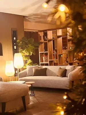 a living room with a couch and a christmas tree at Hôtel Spa Restaurant La Madrague in Lucciana