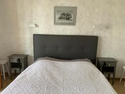 a bedroom with a large bed with two tables at Appartement I Cardellini in Sari Solenzara