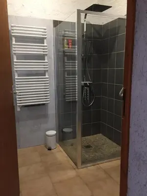 a shower with a glass door in a bathroom at Appartement I Cardellini in Sari Solenzara
