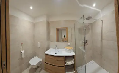 a bathroom with a shower and a sink and a toilet at Accendi Pipa in Campitello