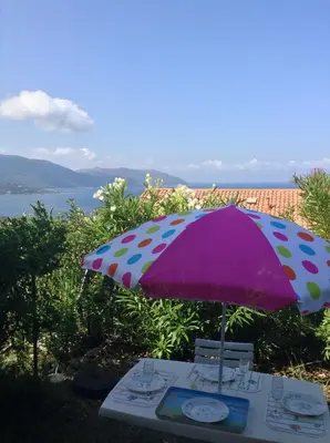 a purple umbrella sitting on top of a table at Panoramic Seaview studio Tiuccia in Casaglione