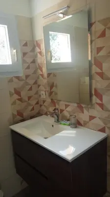 a bathroom with a sink and a mirror at RESIDENCE U RE D' ALZETTU in Porto-Vecchio