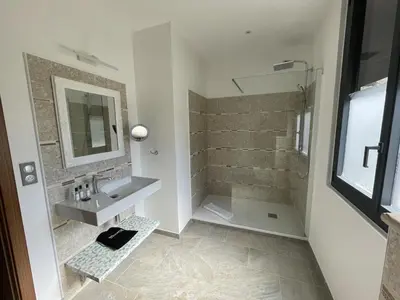 a bathroom with a sink and a shower at Hôtel de la Restonica in Corte