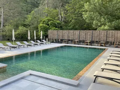 a swimming pool with chaise lounge chairs and a swimming pool at Hôtel de la Restonica in Corte