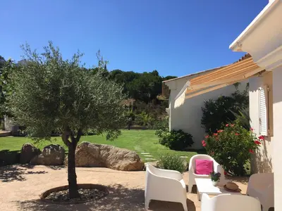 a garden with a tree and white chairs at Casa di Andria in Pietrosella