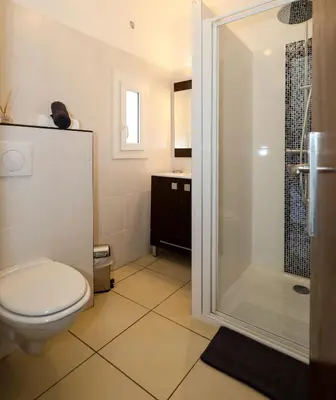 a bathroom with a toilet and a shower at Macchie e Fiori in Pianottoli-Caldarello