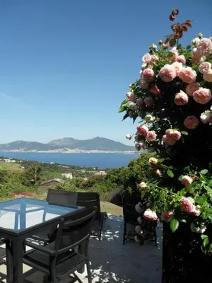 a table and chairs next to a bush with roses at A Mandria in Porticcio