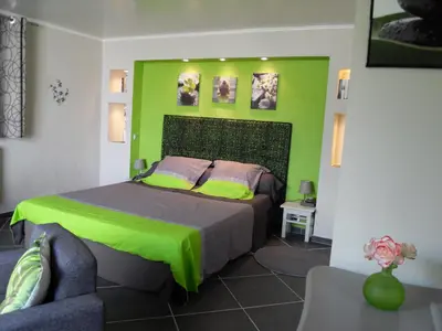 a bedroom with a bed and a green wall at A Mandria in Porticcio