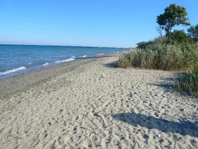 a sandy beach with footprints in the sand and the ocean at Les Marines de Morian in Moriani Plage