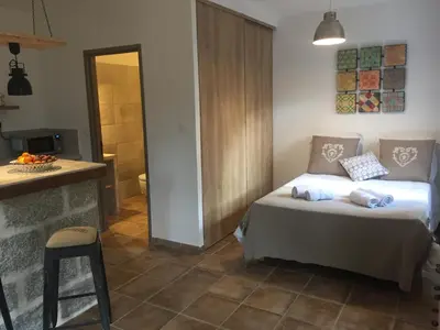 a small bedroom with a bed and a kitchen at Maredda 1 in Sartène
