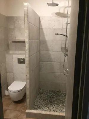 a bathroom with a toilet and a shower stall at Maredda 1 in Sartène