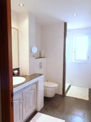 a bathroom with a white toilet and a sink at Villa Vetricella Corse Sud in Olmeto