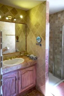 a bathroom with a sink and a shower at Villa Vetricella Corse Sud in Olmeto