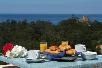 a table with a breakfast of croissants and orange juice at Capo D'orto - Porto - Corse in Porto Ota