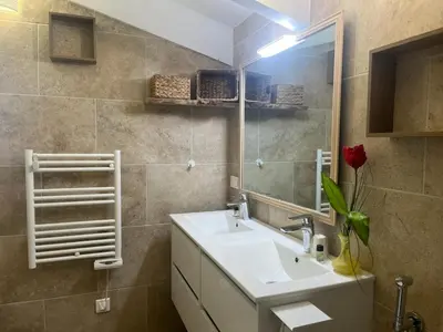 a bathroom with a sink and a mirror at Auberge du col saint Georges in Grosseto-Prugna
