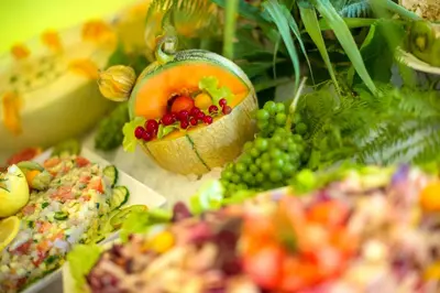 a display of fruits and vegetables on a table at Le Village des Isles in Taglio-Isolaccio