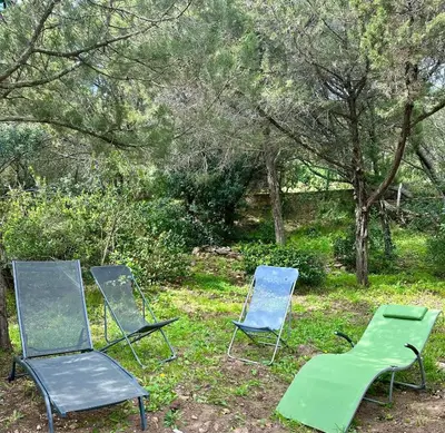 three chairs sitting in the grass in a field at Résidence U LATONU - Palombaggia in Porto-Vecchio