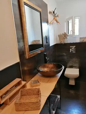 a bathroom with a bowl sink on a counter at A Sulana Chambre d'hôtes in Valle-di-Campoloro