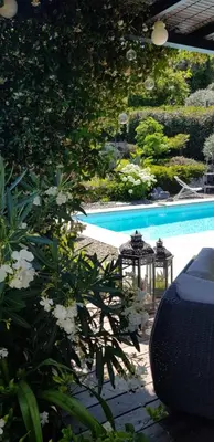 a swimming pool with a table and flowers next to it at A Sulana Chambre d'hôtes in Valle-di-Campoloro