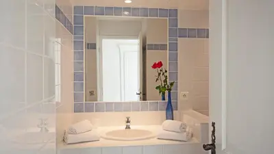 a bathroom with a sink and a red rose in a mirror at locations calenzana in Calenzana