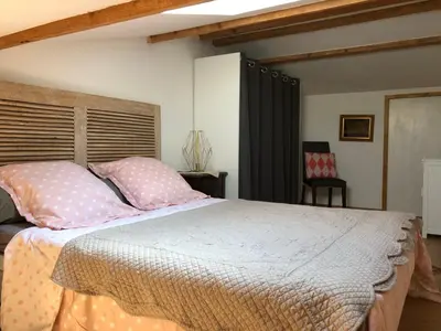 a bedroom with a large bed with pink pillows at Studio Pinzali Avec Mezzanine in Calenzana