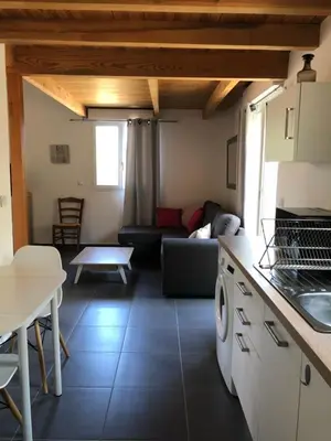 a kitchen and living room with a couch and a table at Studio Pinzali Avec Mezzanine in Calenzana