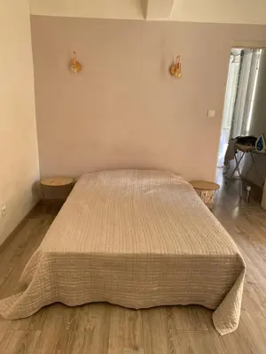 a bedroom with a bed and two end tables at T2 Sartène centre ville in Portigliolo