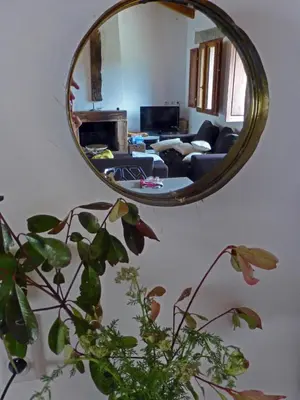 a living room with a mirror and a couch at Bergerie avec piscine in Tasso