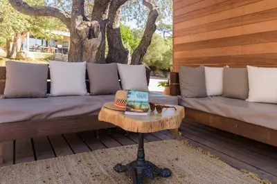 a porch with a couch and a table with a tree at Les Jardins de Mathieu in Porto-Vecchio