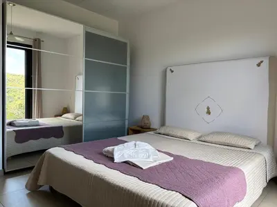 a bedroom with two beds and a mirror at Villa Giulia in Porto-Vecchio
