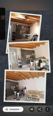 a collage of three pictures of a kitchen and a dining room at Les Chênes Verts in Corte